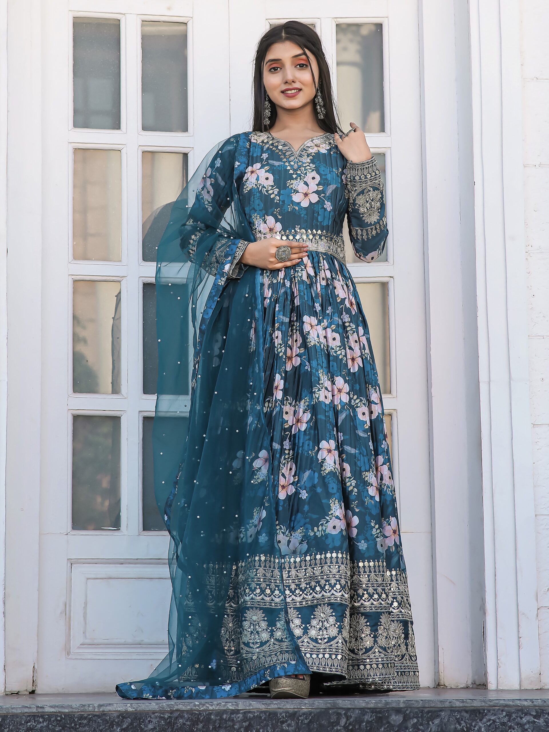 CHINNON PRINTED WITH SEQUENCE WORK GOWN