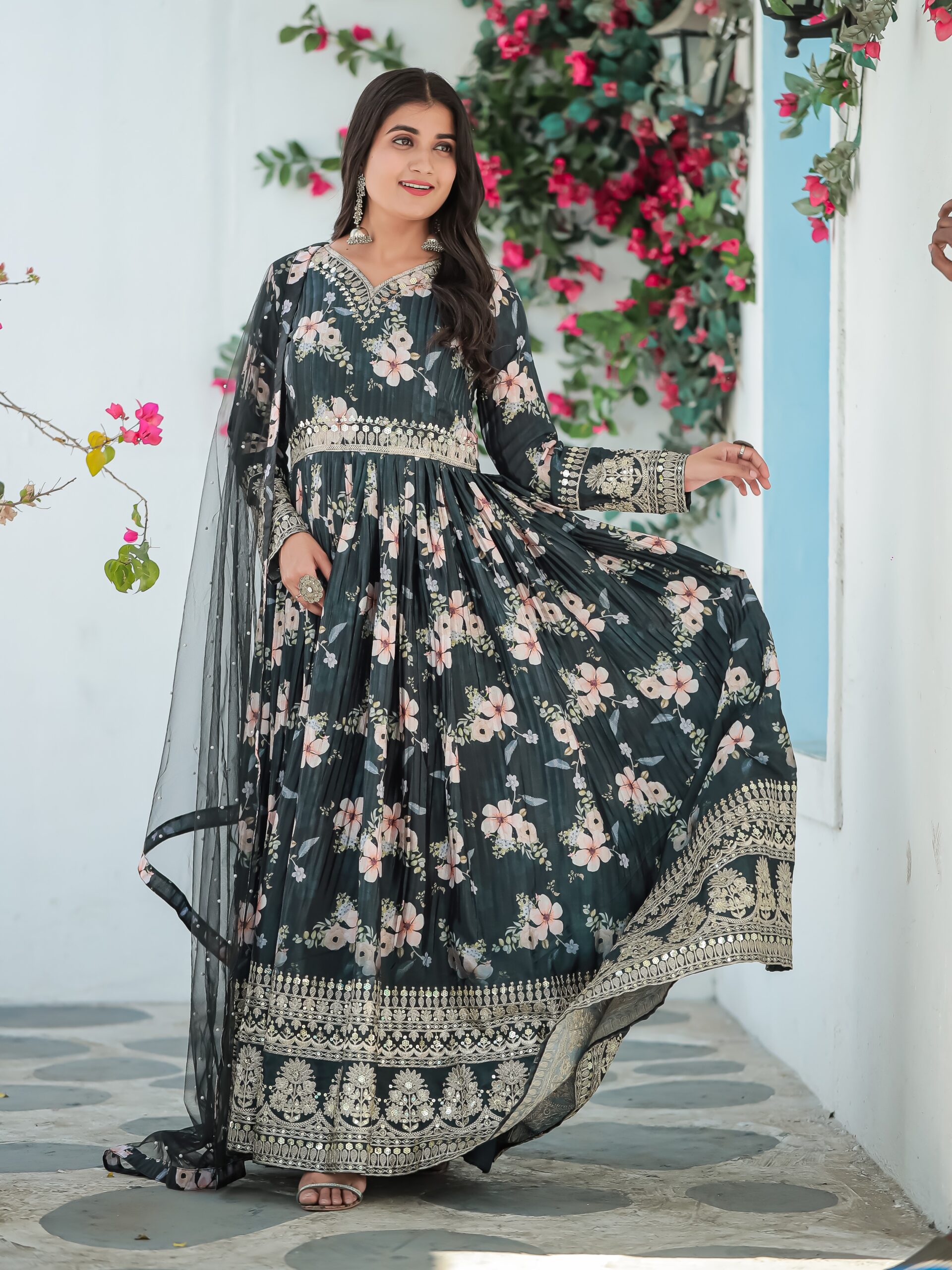 CHINNON PRINTED WITH SEQUENCE WORK GOWN