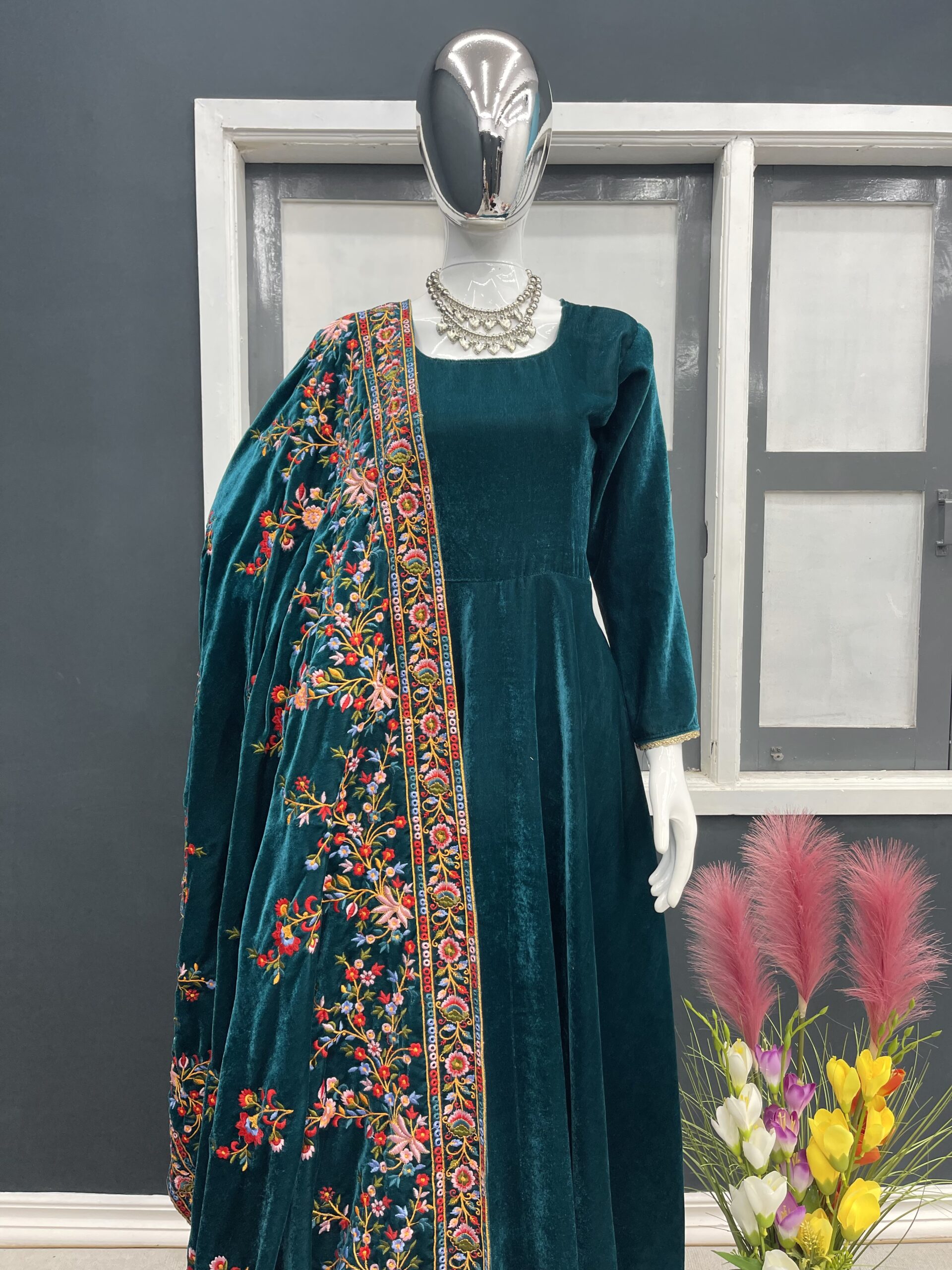 Pure Viscose Velvet Gown & Dupatta Set