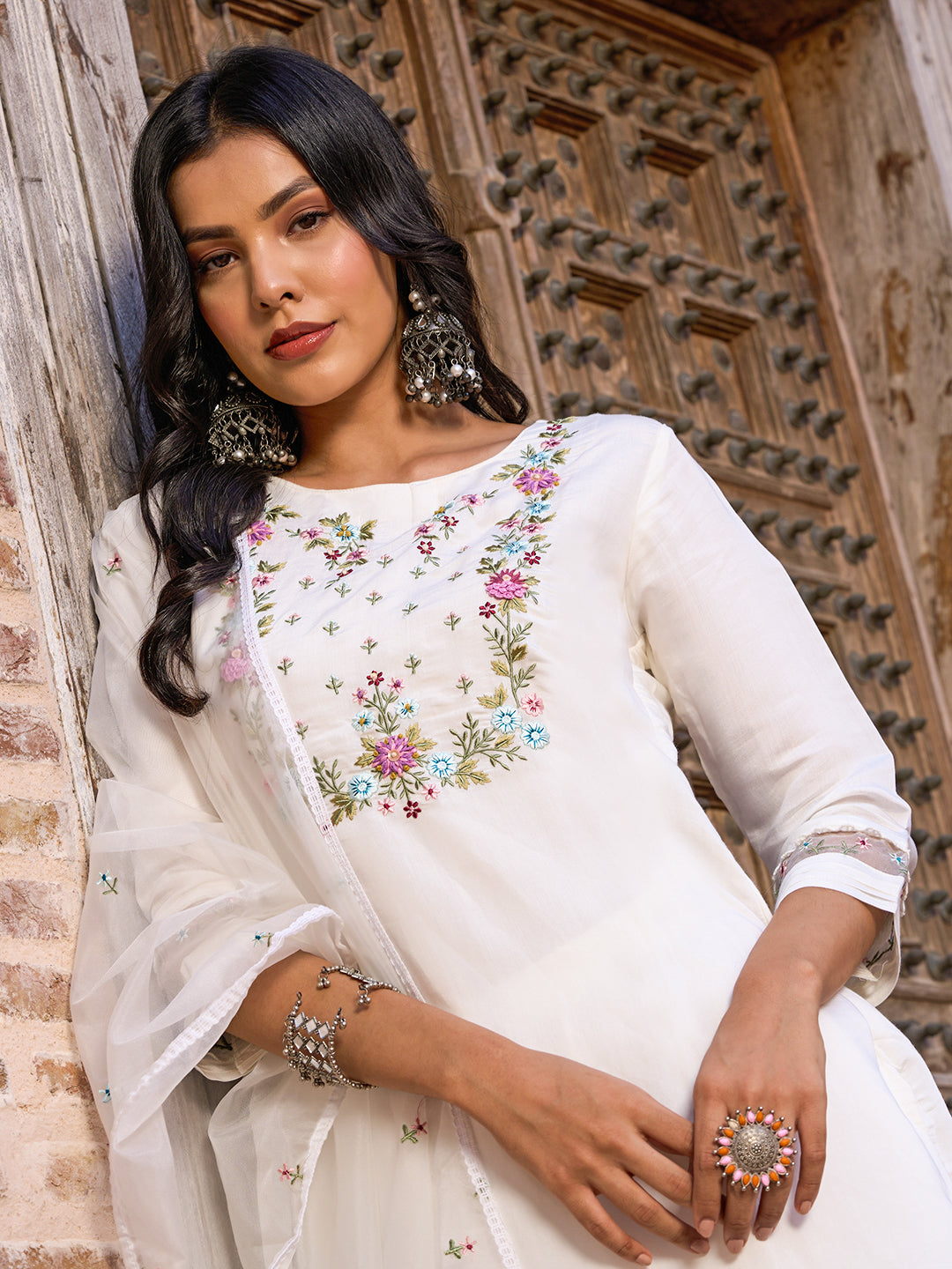 Women's Embroidered Kurti-Pant & Dupatta Set