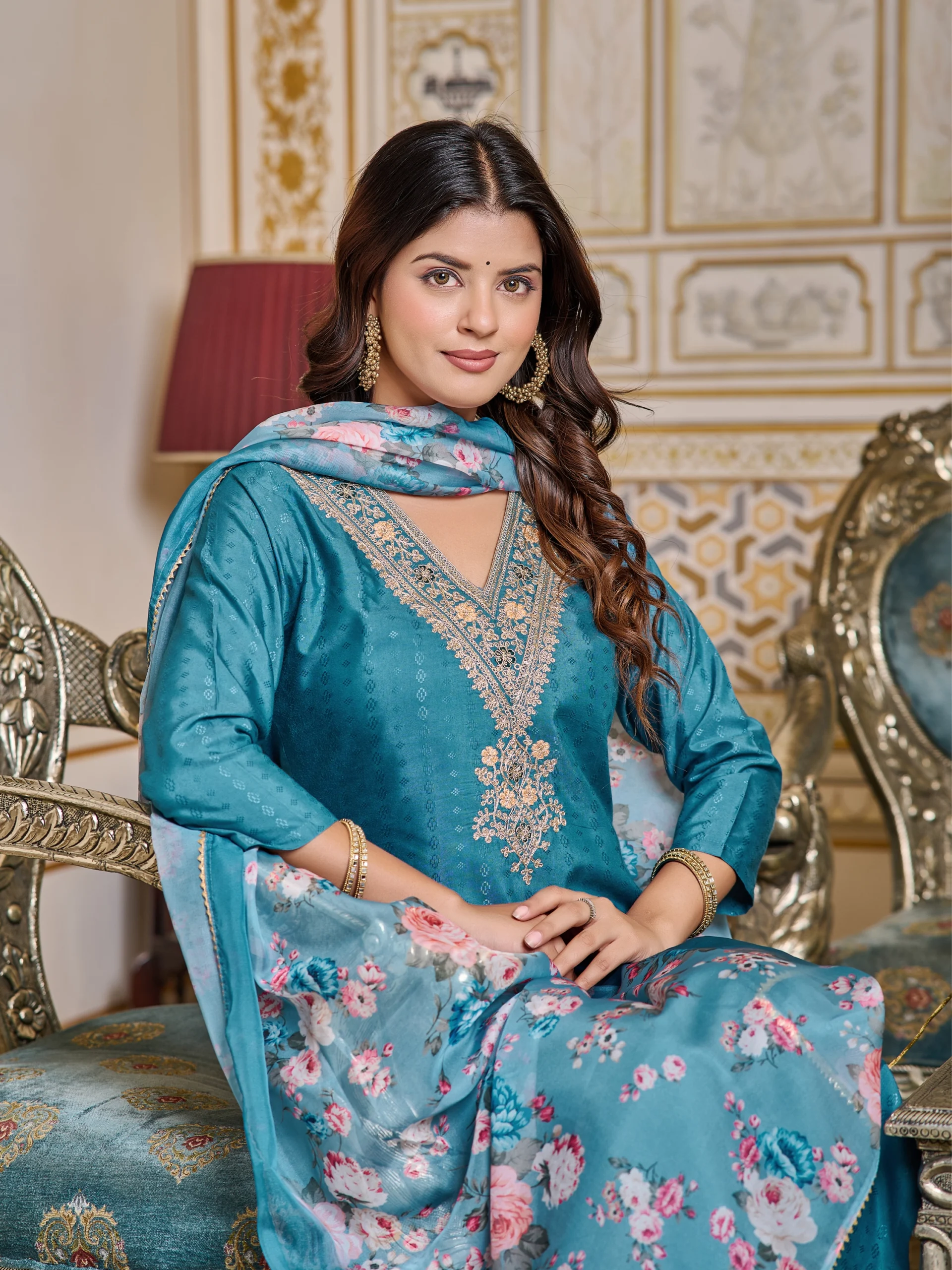 Embroidered Viscose Rayon Kurta With Pant And Digital Print Dupata Set