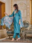 Embroidered Viscose Rayon Kurta With Pant And Digital Print Dupata Set