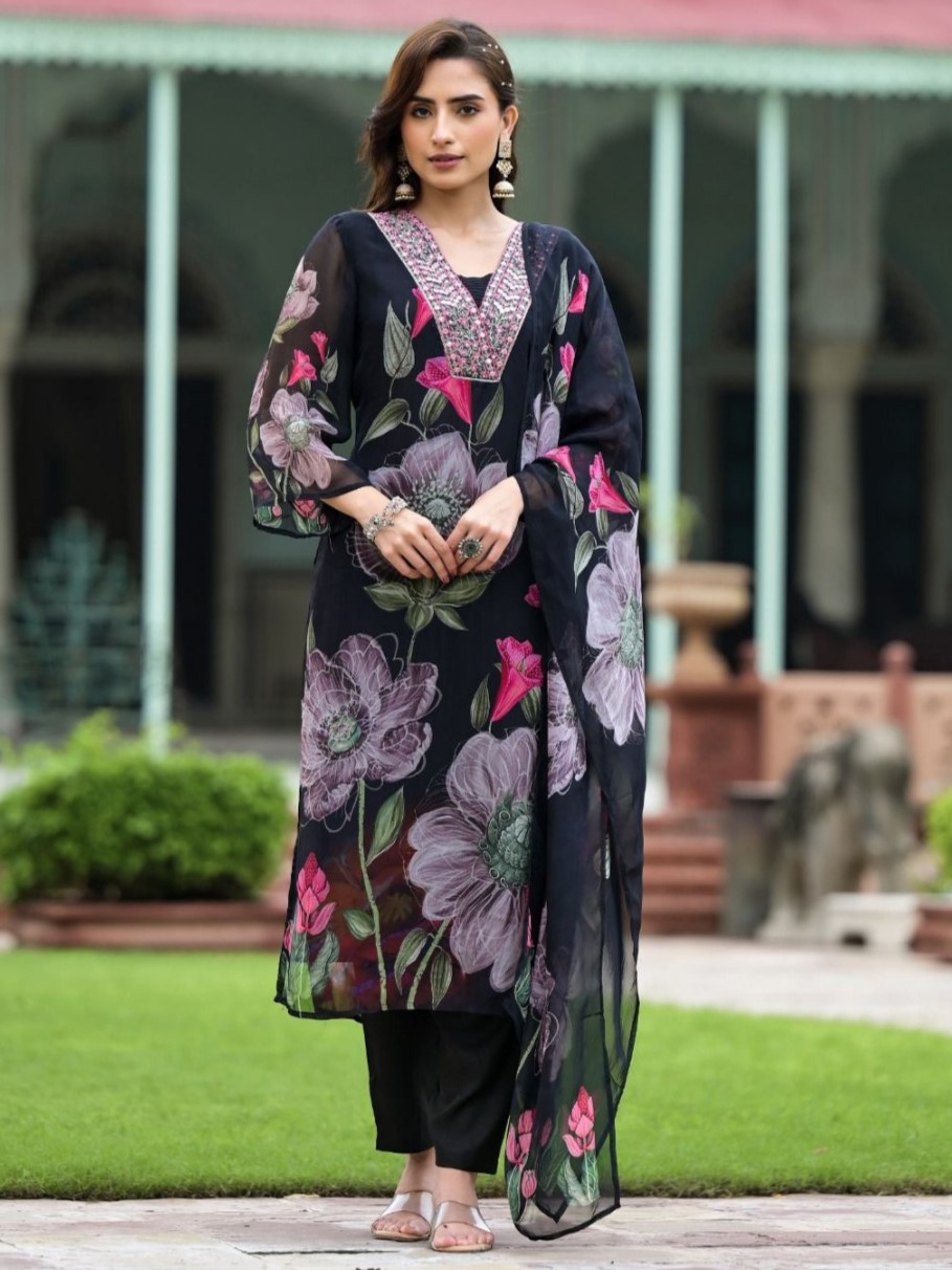 Black Georgette Kurti With Pant & Dupatta Set