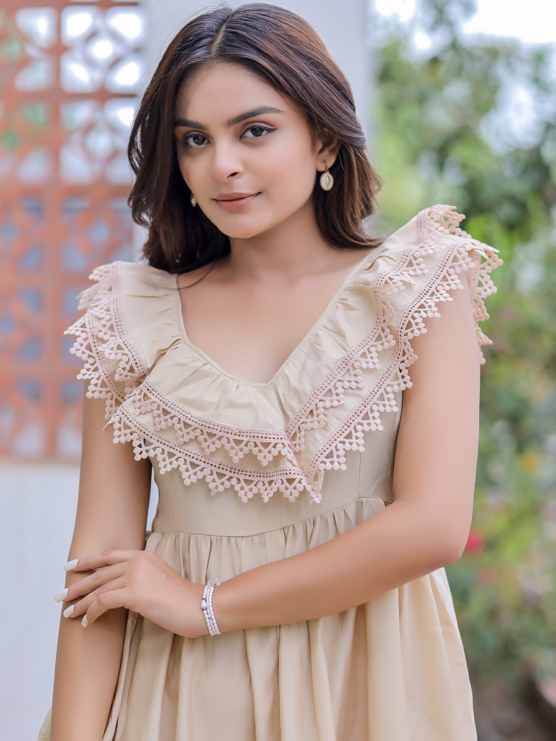 Cream Color V Neck Maxi Dress