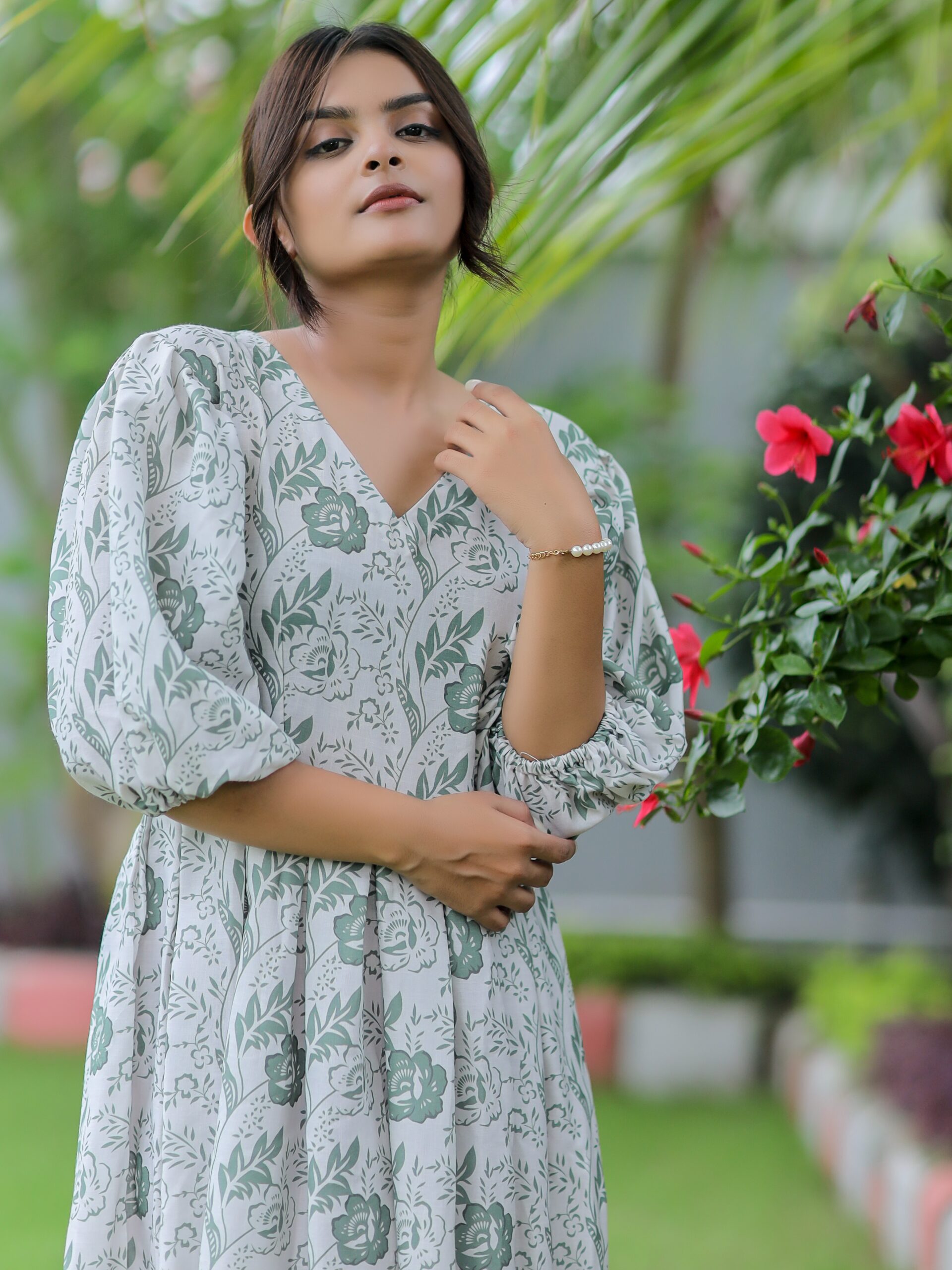 White Floral Print Linen Cotton Dress