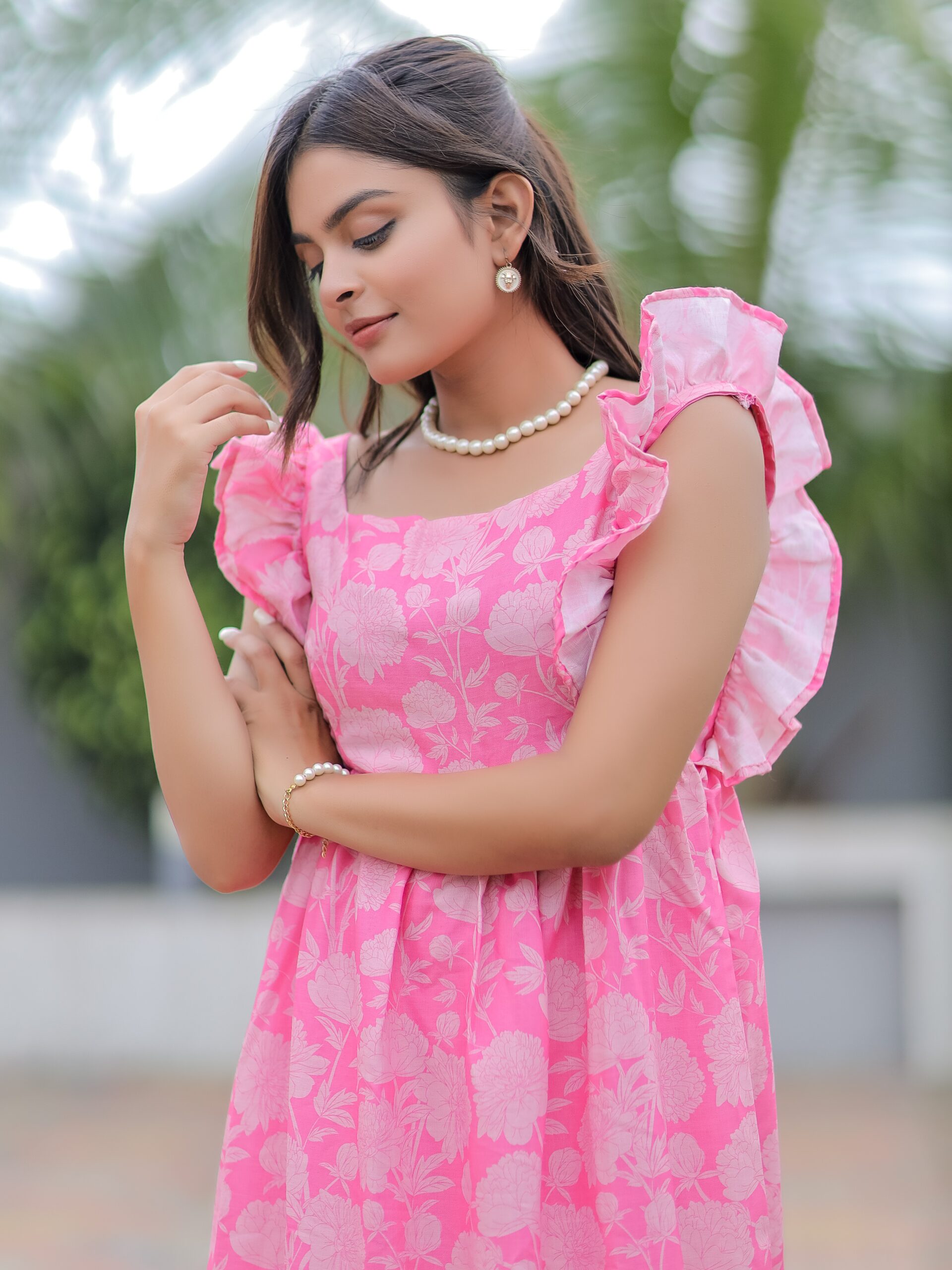 Baby Pink Floral Print Linen Cotton Dress