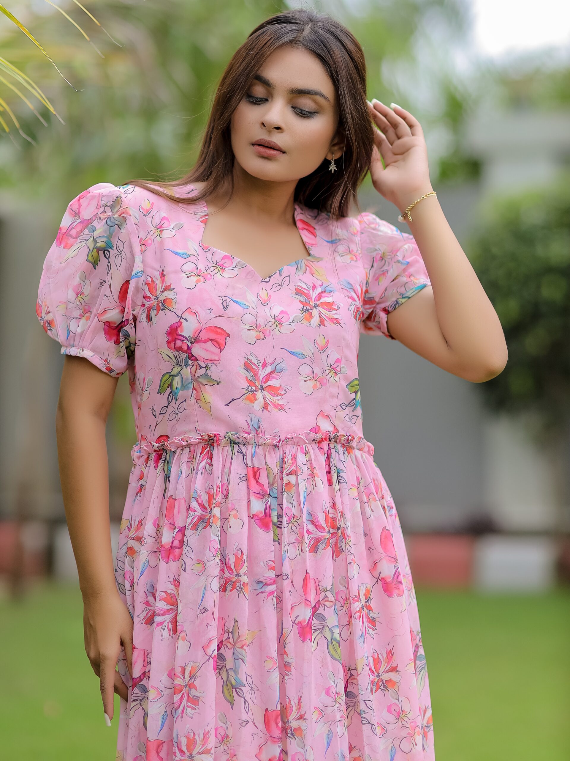 Pink Printed Georgette Maxi Dress