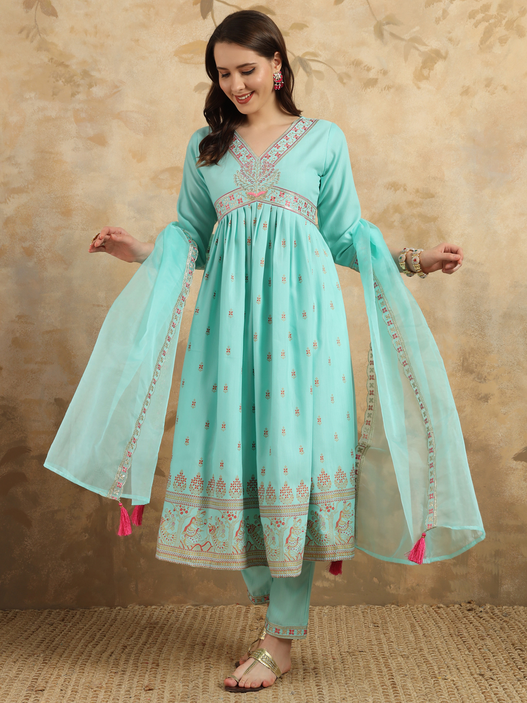 Rayon Slub with Foil Kurti With Pant And Dupatta Set