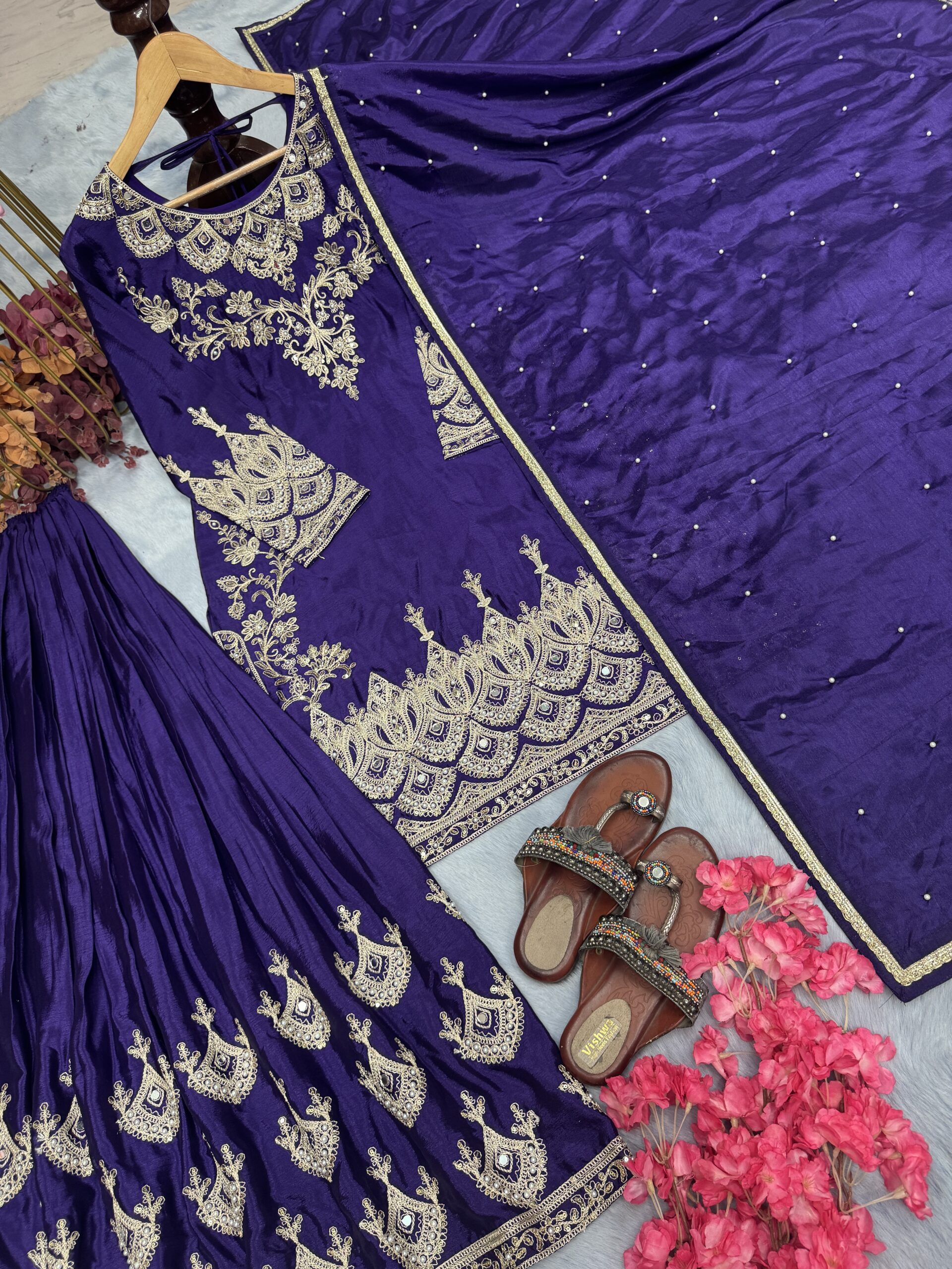 Chinon Silk Top Palazzo And Dupatta Set - Image 3
