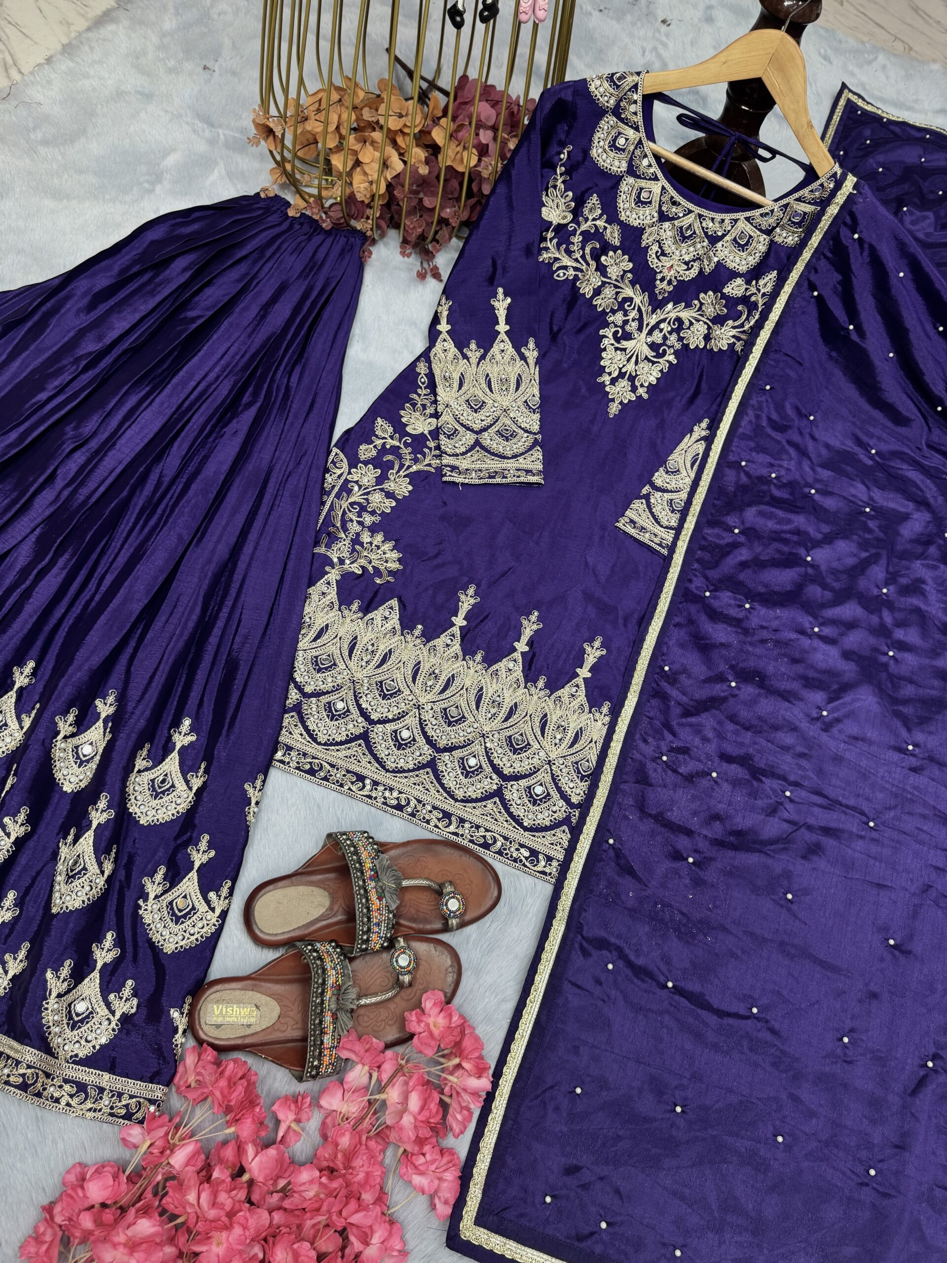 Chinon Silk Top Palazzo And Dupatta Set - Image 5
