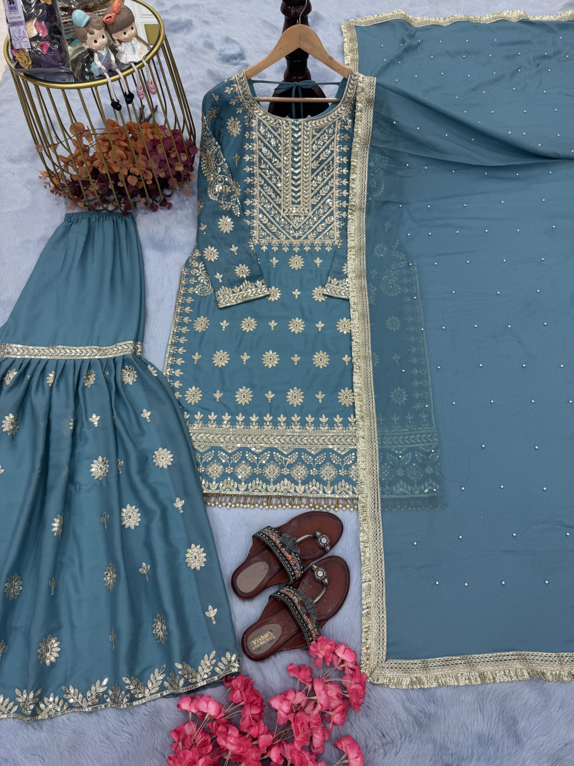 Simar Star Georgette Top Plazzo & Dupatta Set