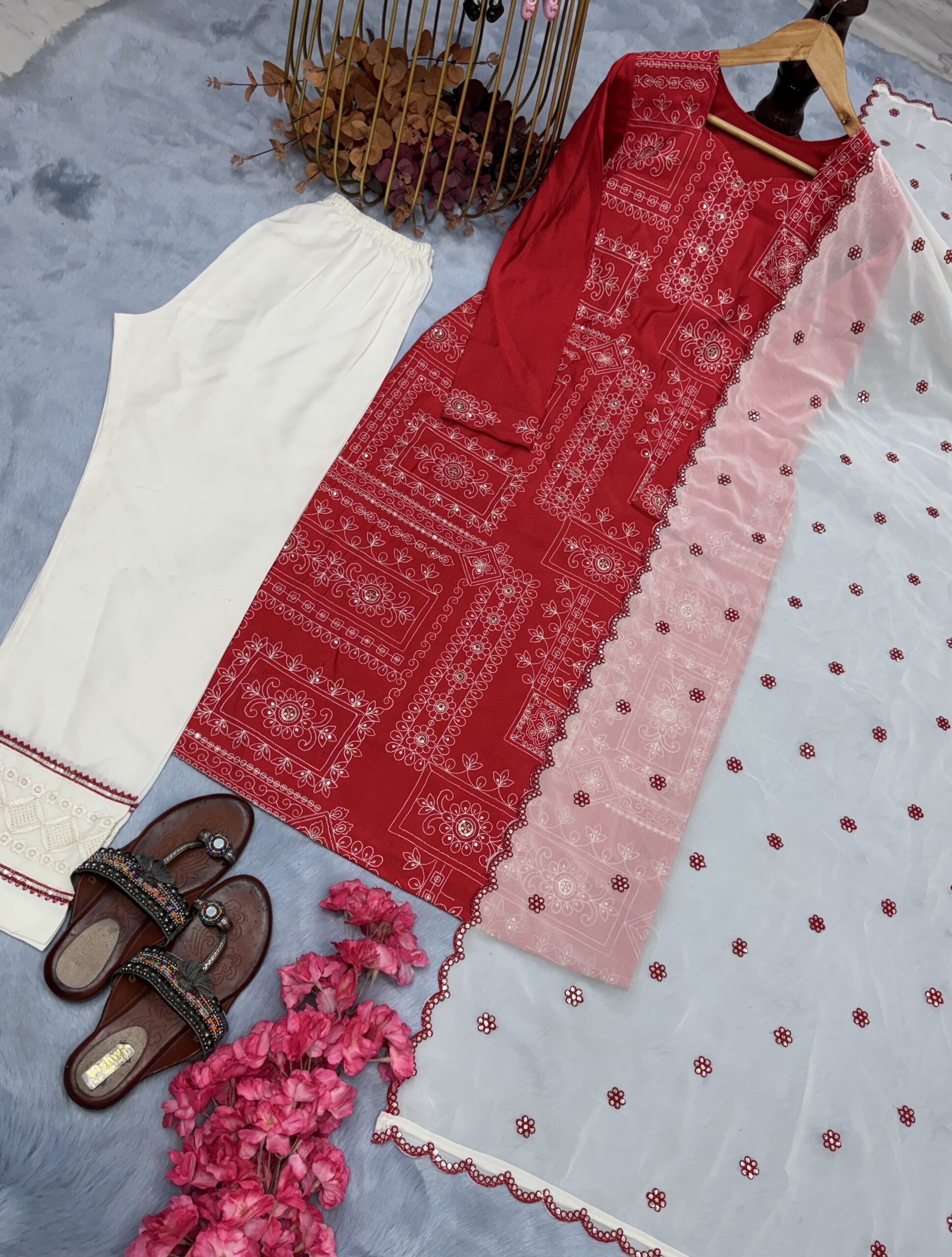 Roman Silk Top Bottom & Dupatta Set - Image 3