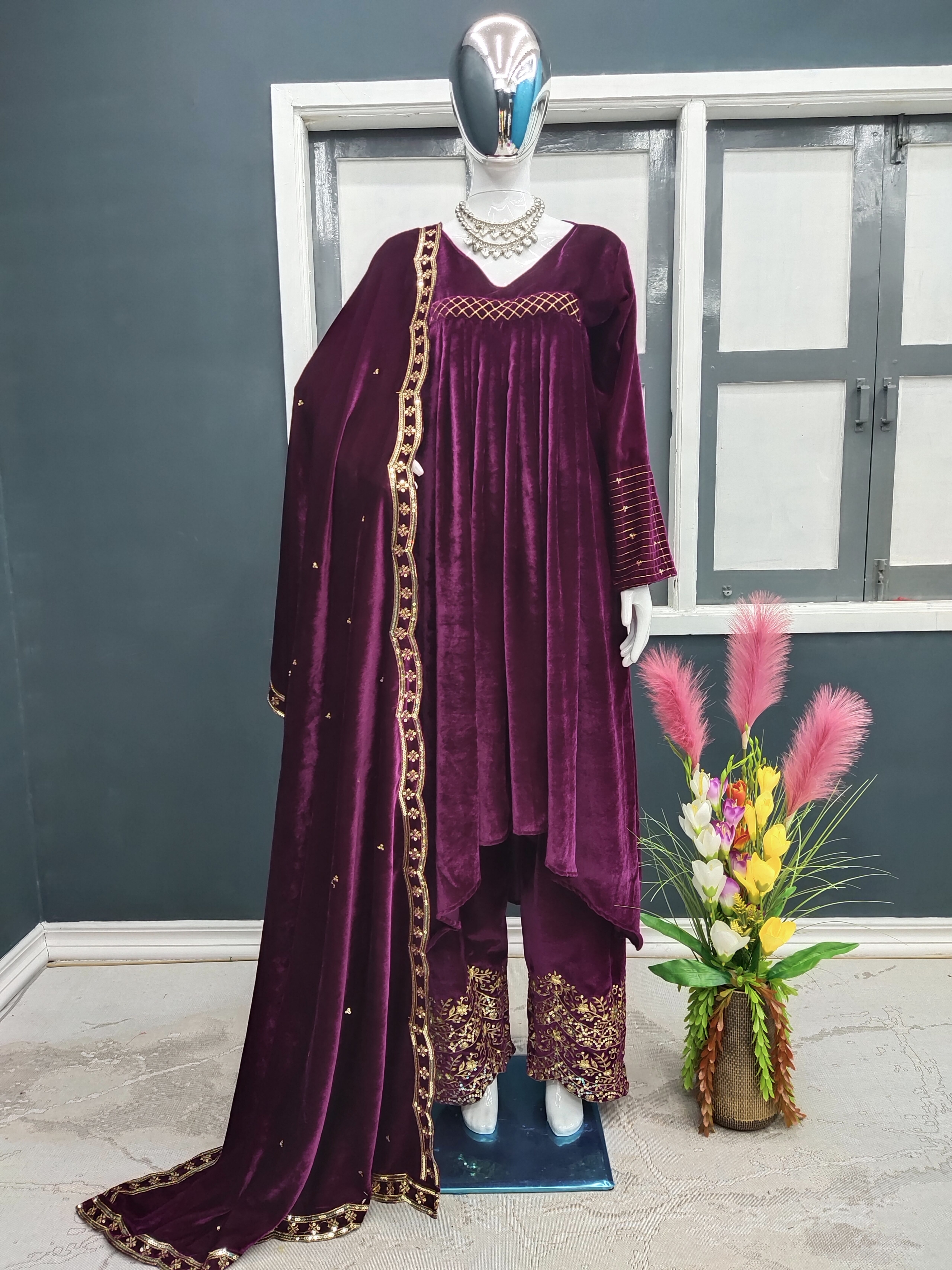 Velvet Fancy Kurti - Palazzo And Dupatta Set