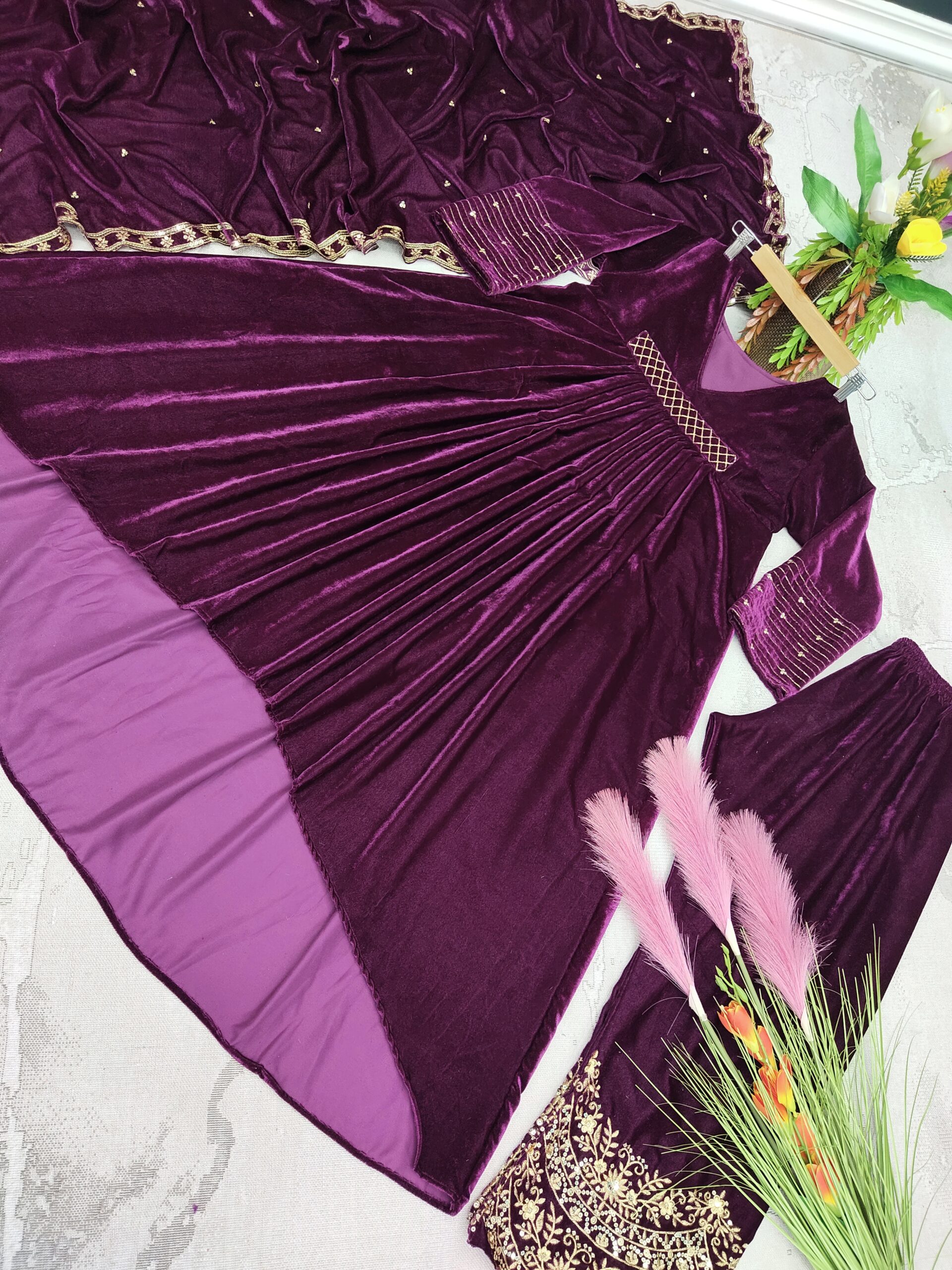 Velvet Fancy Kurti - Palazzo And Dupatta Set - Image 2