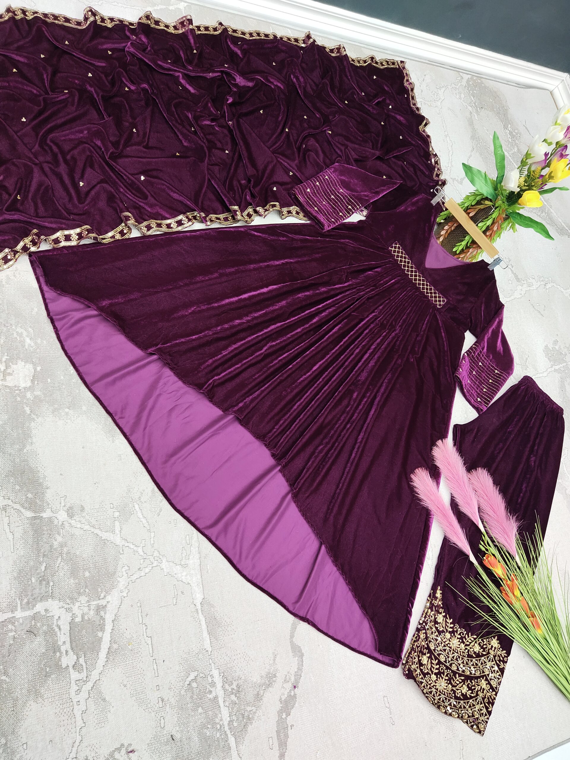 Velvet Fancy Kurti - Palazzo And Dupatta Set - Image 3