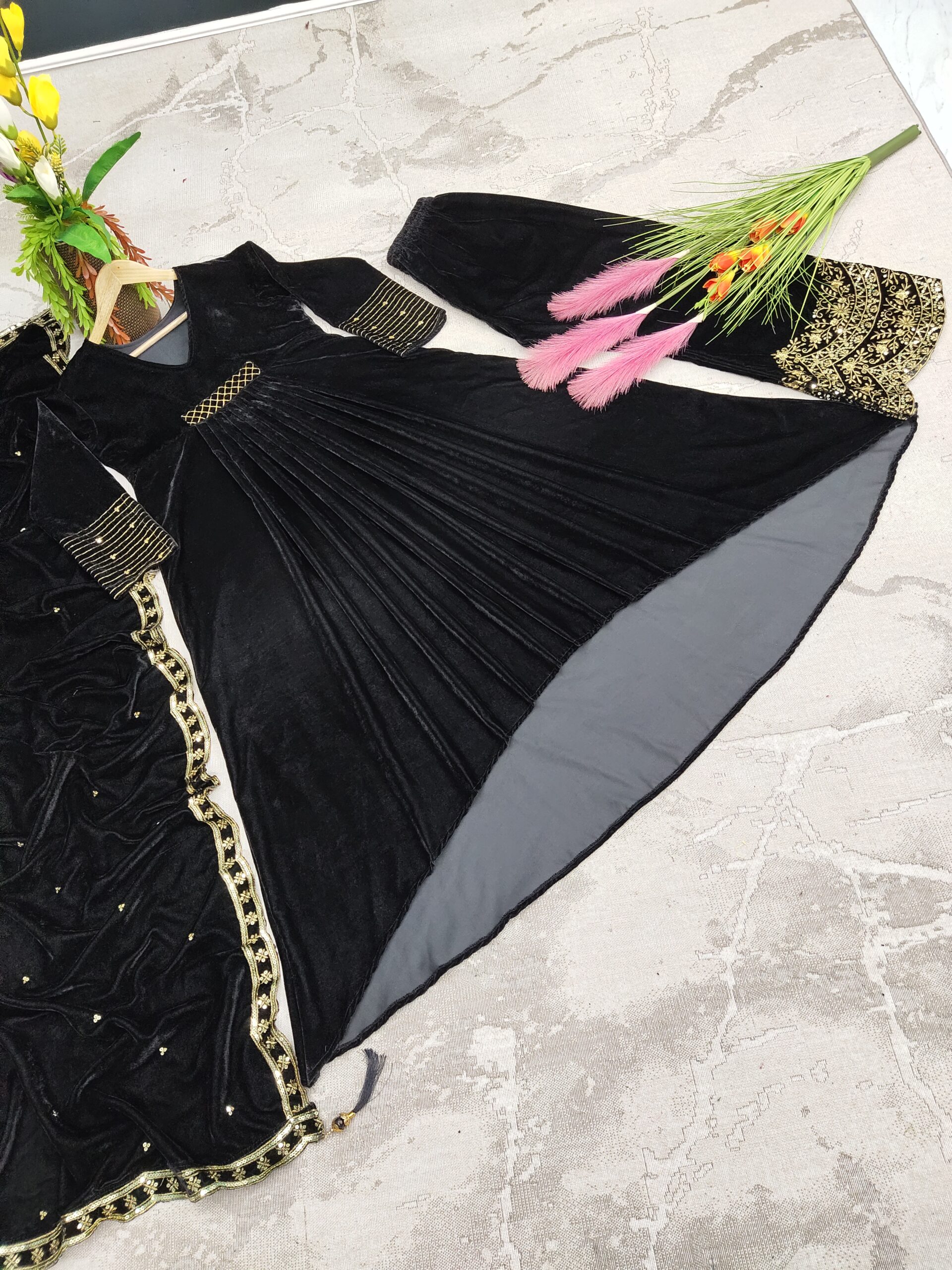Velvet Fancy Kurti - Palazzo And Dupatta Set - Image 2