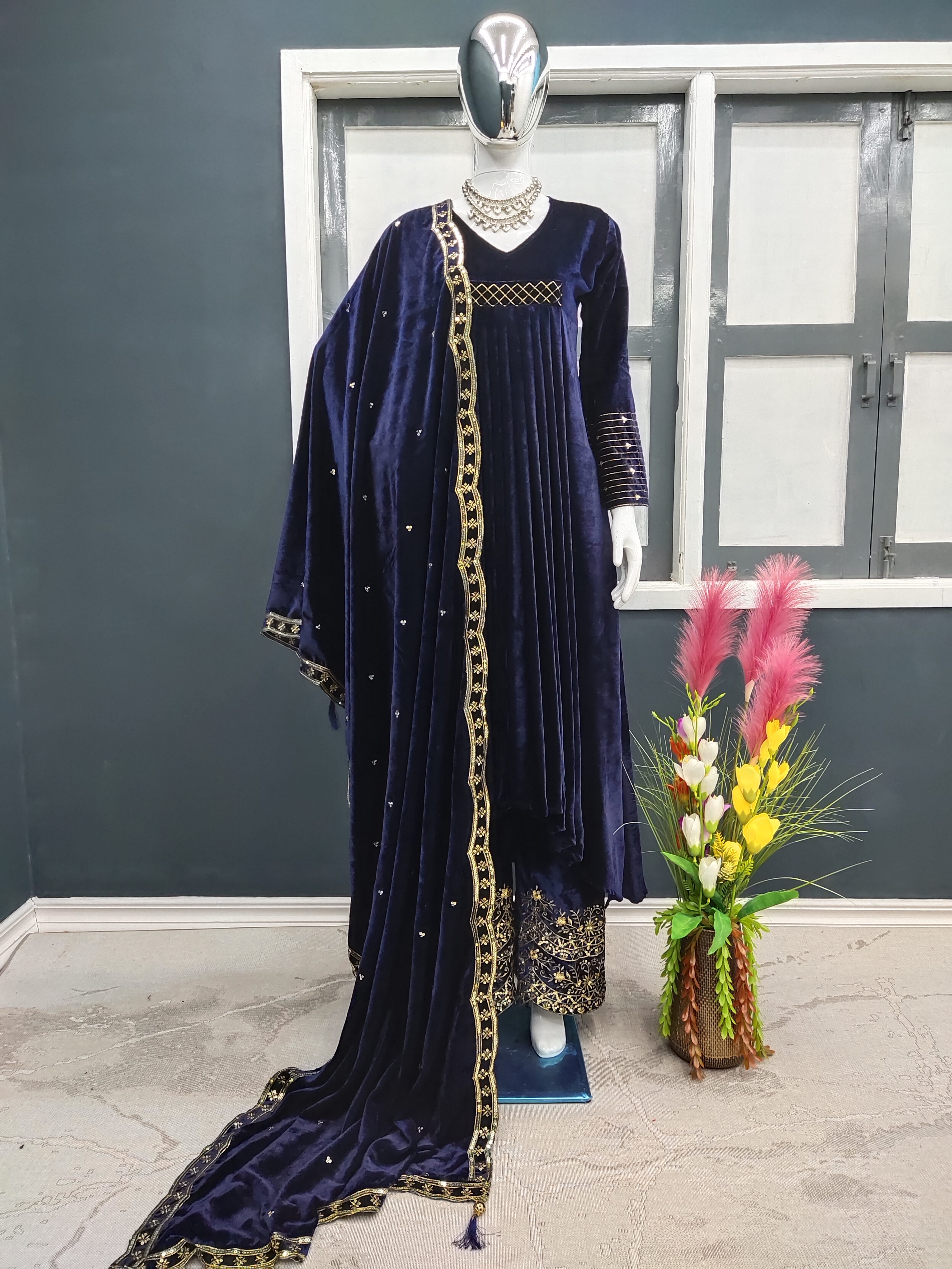 Velvet Fancy Kurti - Palazzo And Dupatta Set