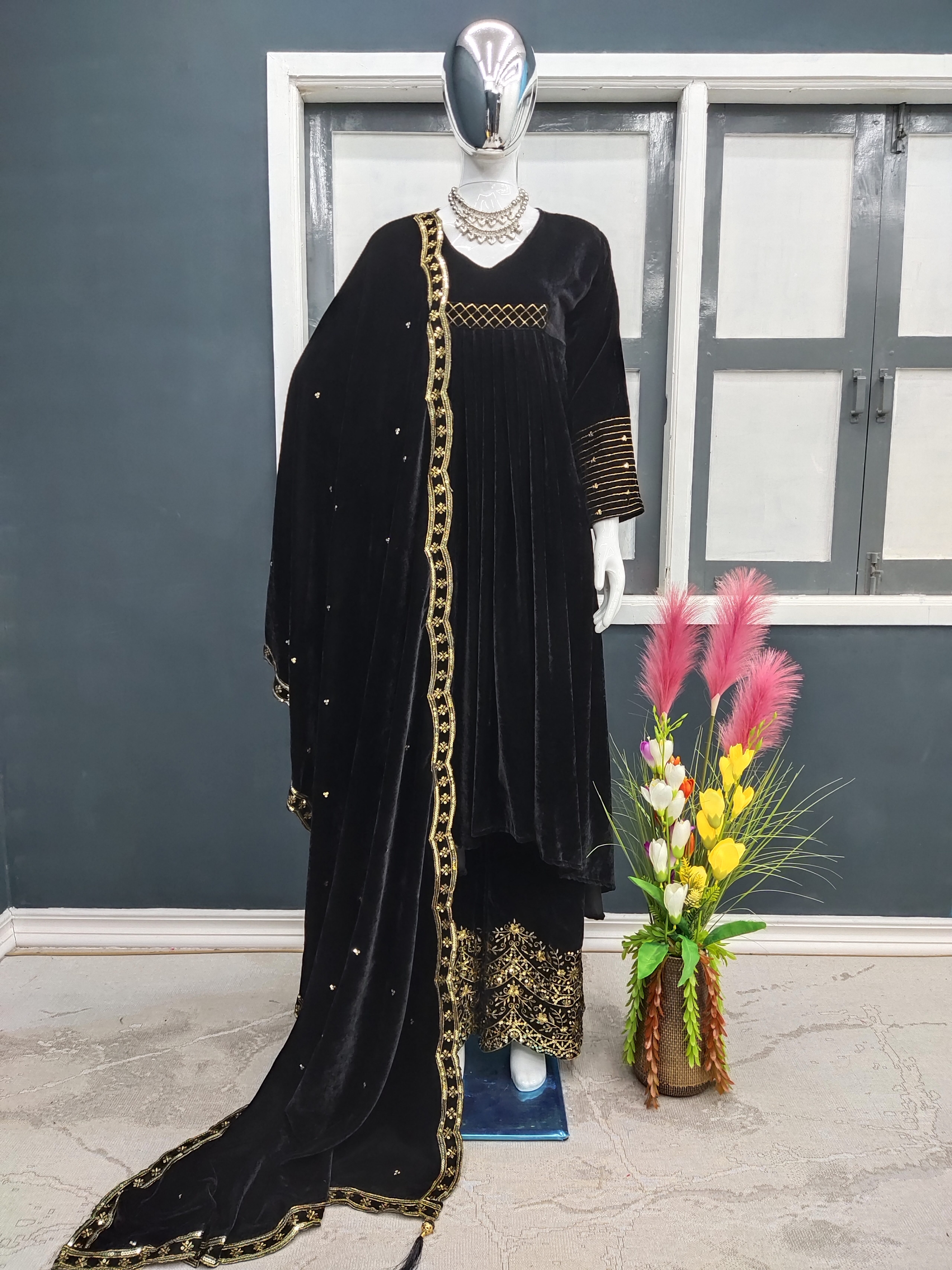 Velvet Fancy Kurti - Palazzo And Dupatta Set