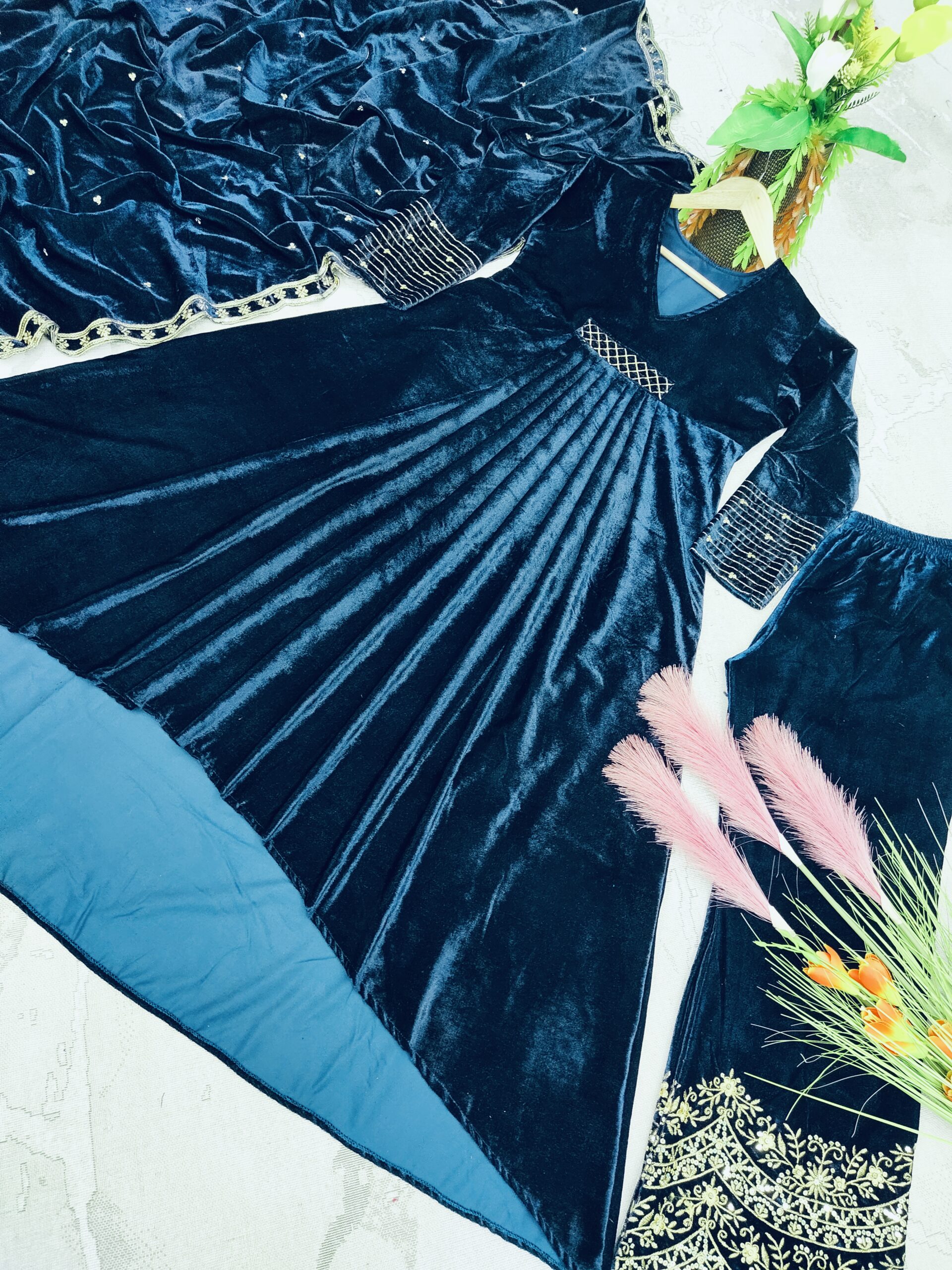 Velvet Fancy Kurti - Palazzo And Dupatta Set - Image 2