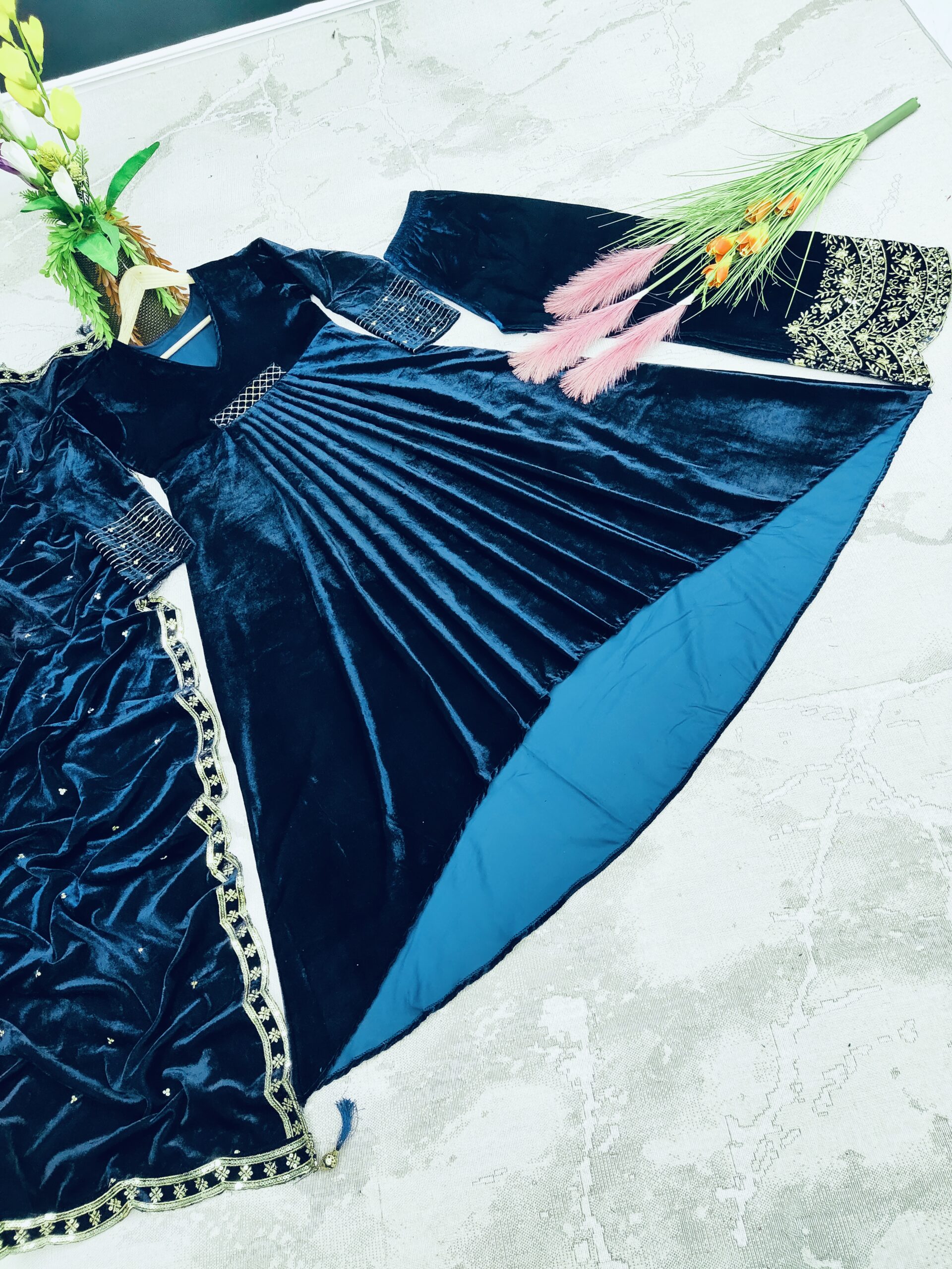Velvet Fancy Kurti - Palazzo And Dupatta Set - Image 3