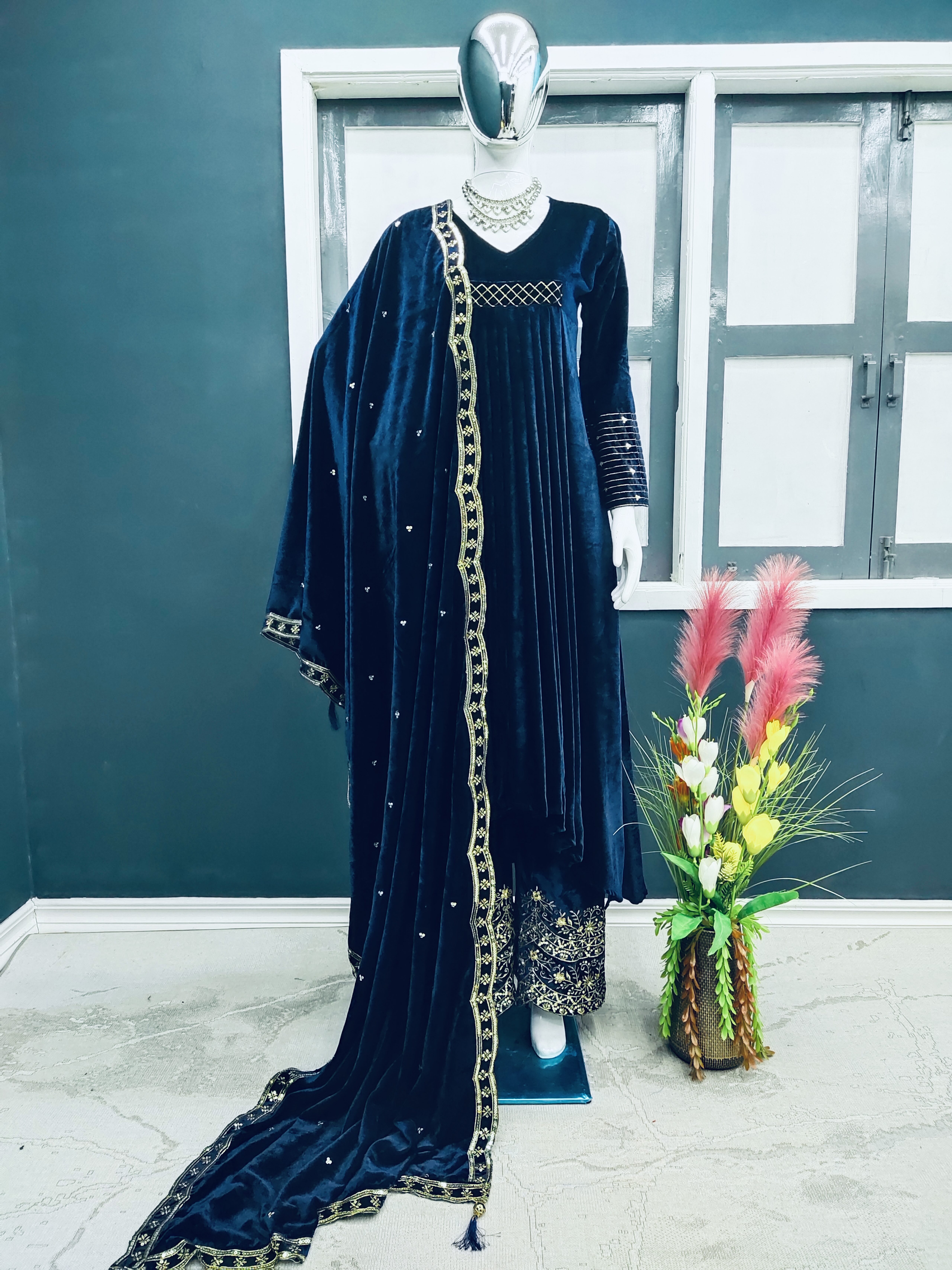 Velvet Fancy Kurti - Palazzo And Dupatta Set