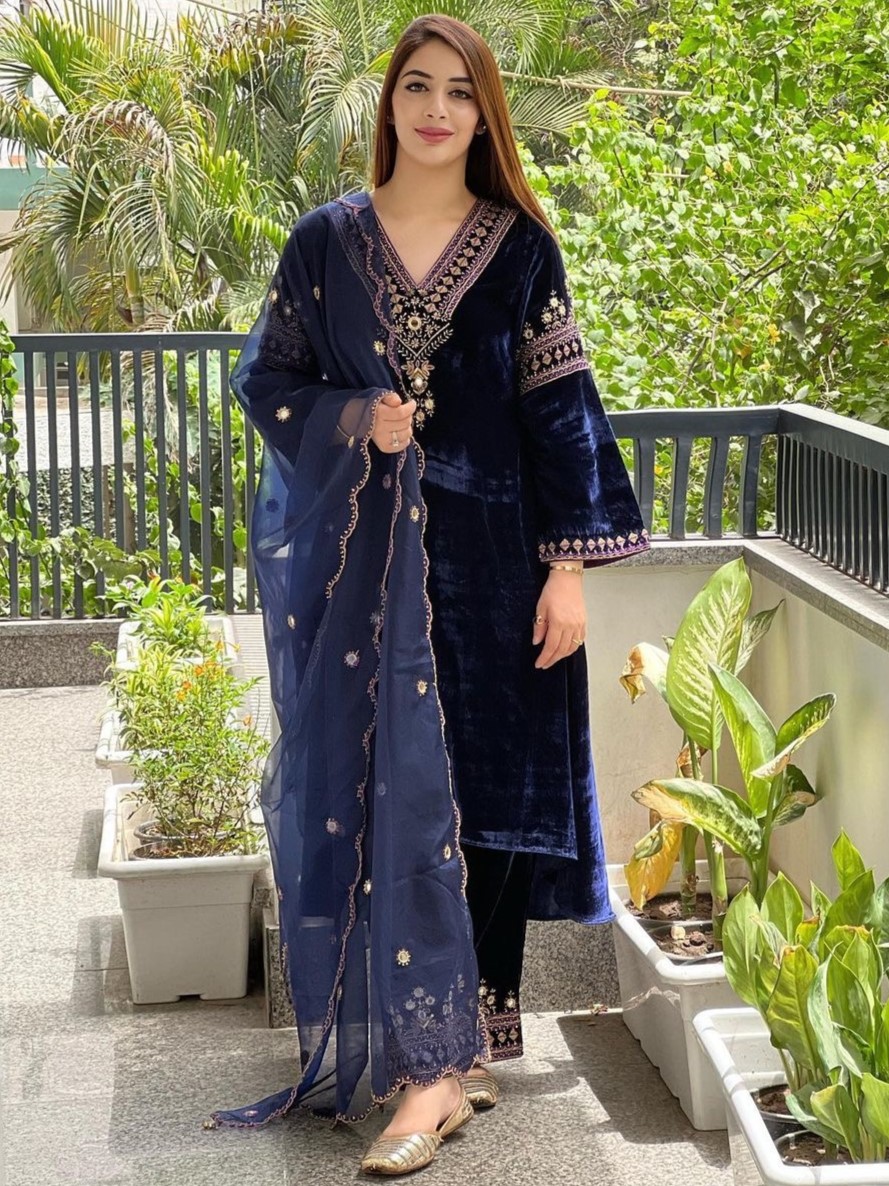 Velvet Fancy Kurti - Palazzo And Dupatta Set