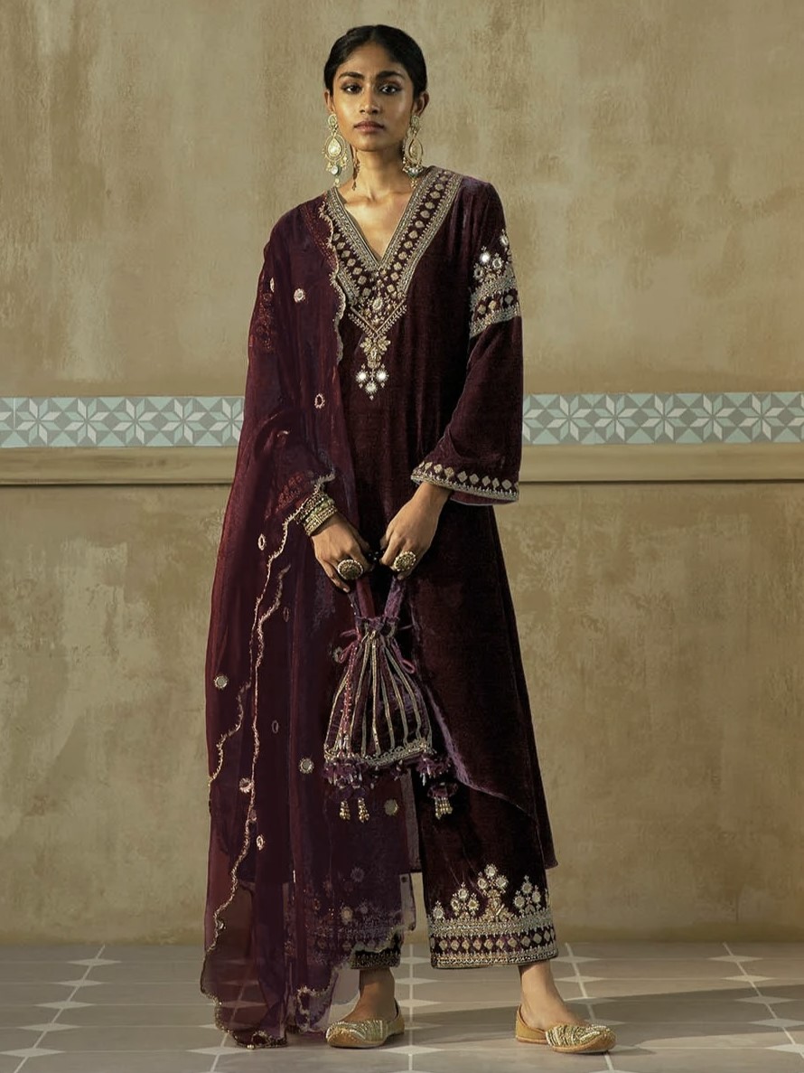 Velvet Fancy Kurti - Palazzo And Dupatta Set