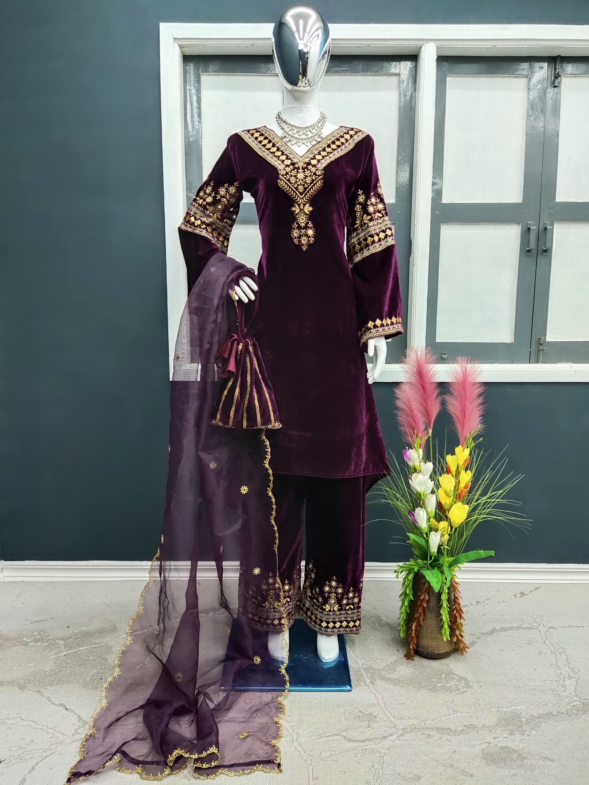 Velvet Fancy Kurti - Palazzo And Dupatta Set - Image 2