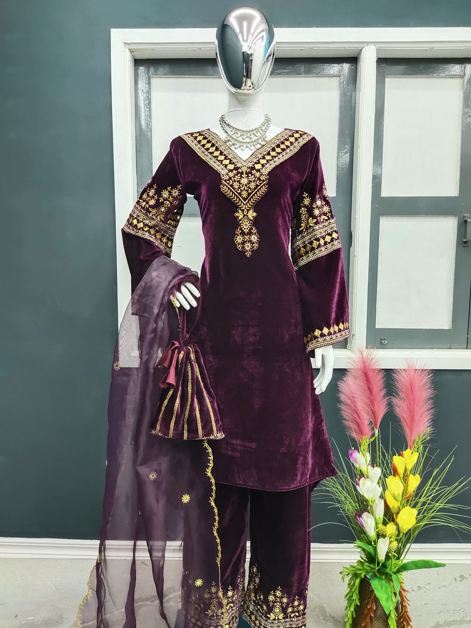 Velvet Fancy Kurti - Palazzo And Dupatta Set - Image 6