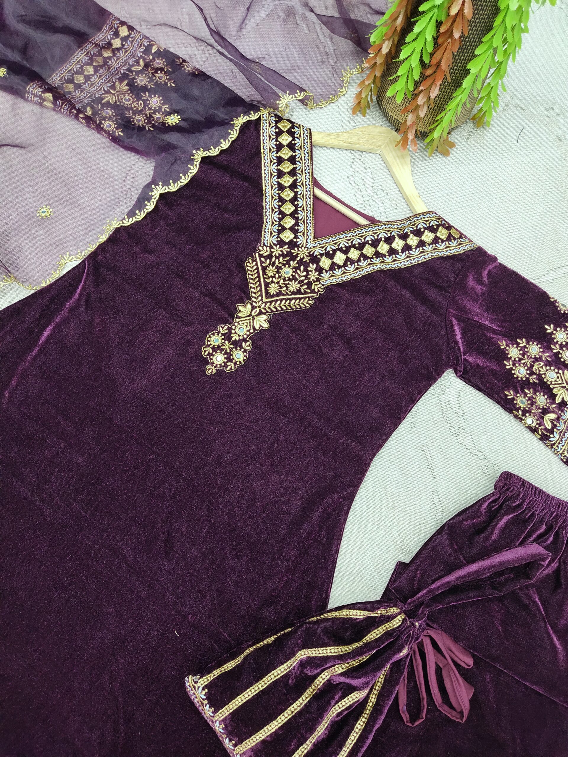 Velvet Fancy Kurti - Palazzo And Dupatta Set - Image 5