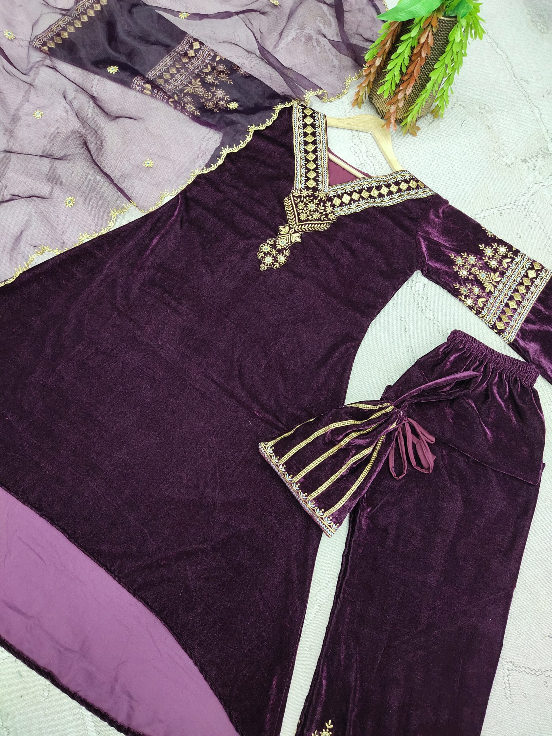 Velvet Fancy Kurti - Palazzo And Dupatta Set - Image 4