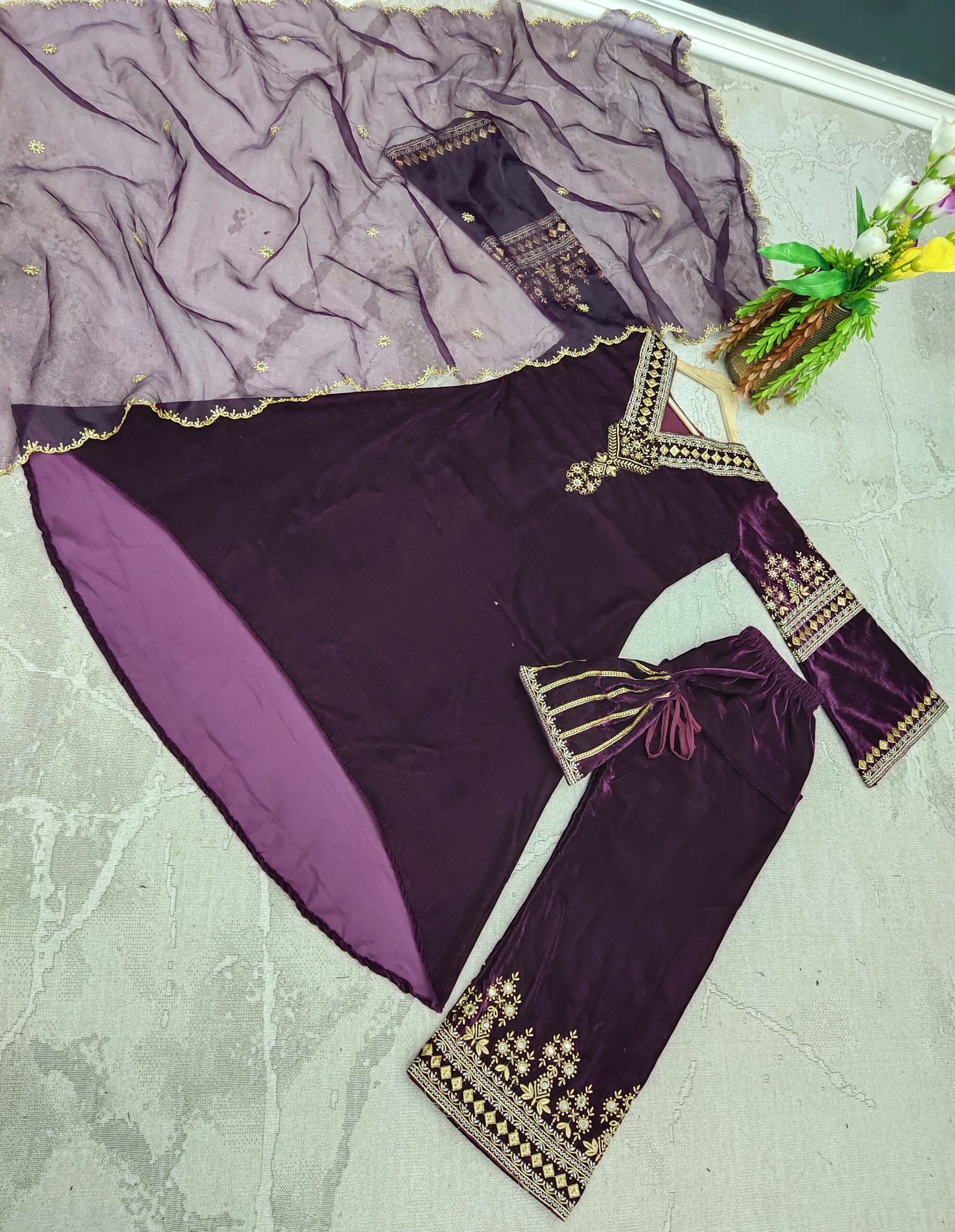 Velvet Fancy Kurti - Palazzo And Dupatta Set - Image 3