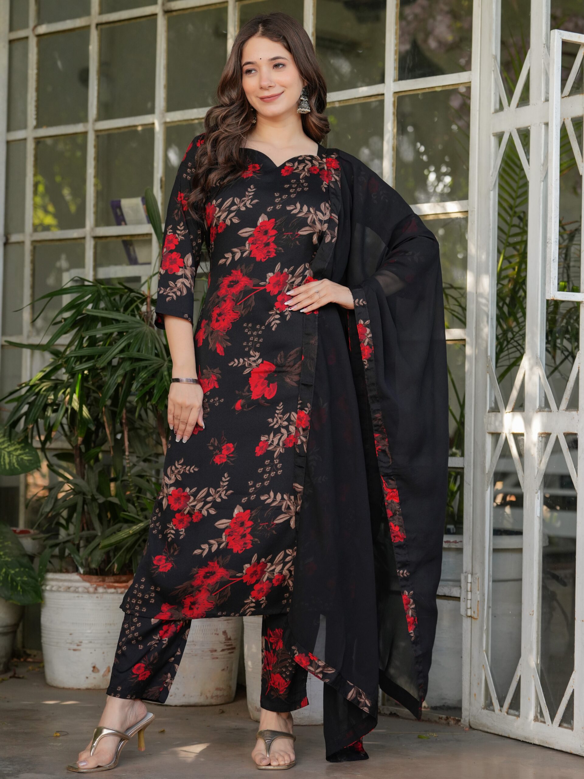 Women's Silk Blend Printed Straight Kurta with Pant And Dupatta Set - Image 9