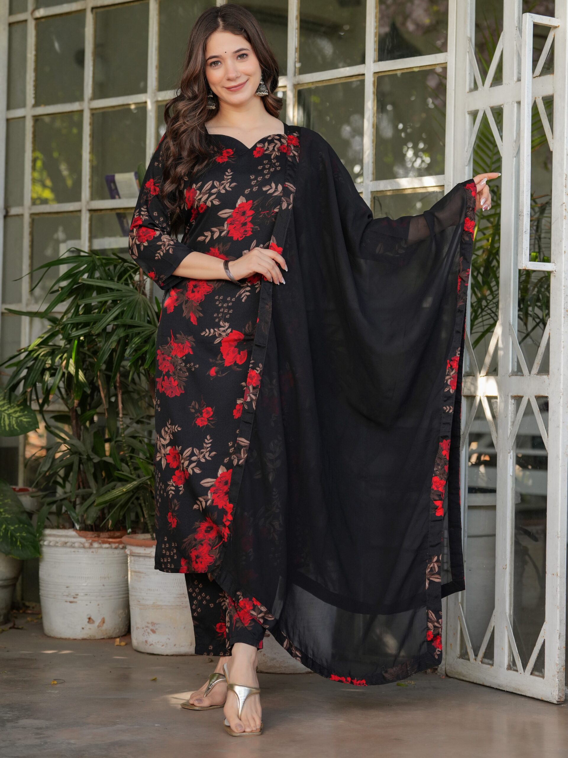 Women's Silk Blend Printed Straight Kurta with Pant And Dupatta Set - Image 8